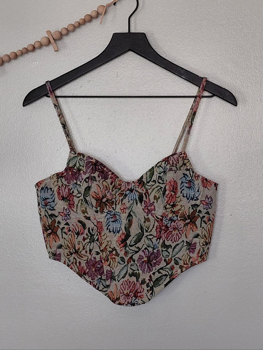 Vintage Boho Floral Tapestry Crop Top Cami Asymetric V Hem Corset Style